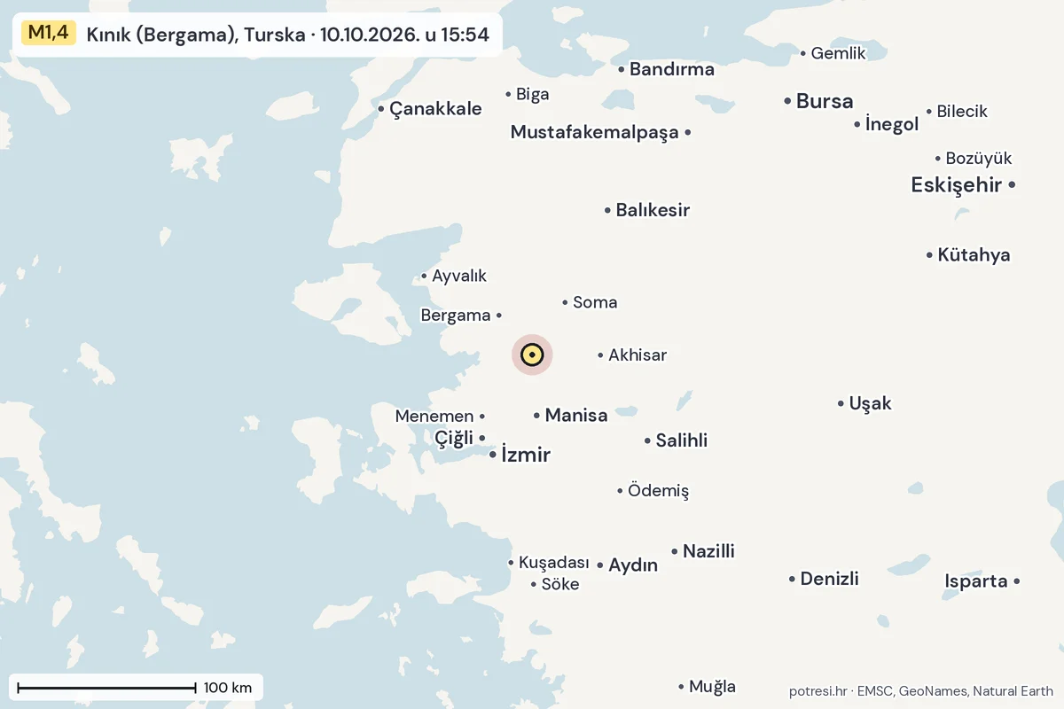 Karta: šire područje, 600 km, potres M1,4, Kınık (Bergama), Turska, 10.10.2026.