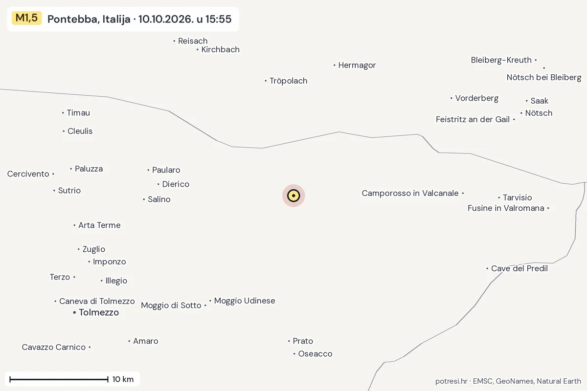 Karta: okolica epicentra, 60 km, potres M1,5, Pontebba, Italija, 10.10.2026.