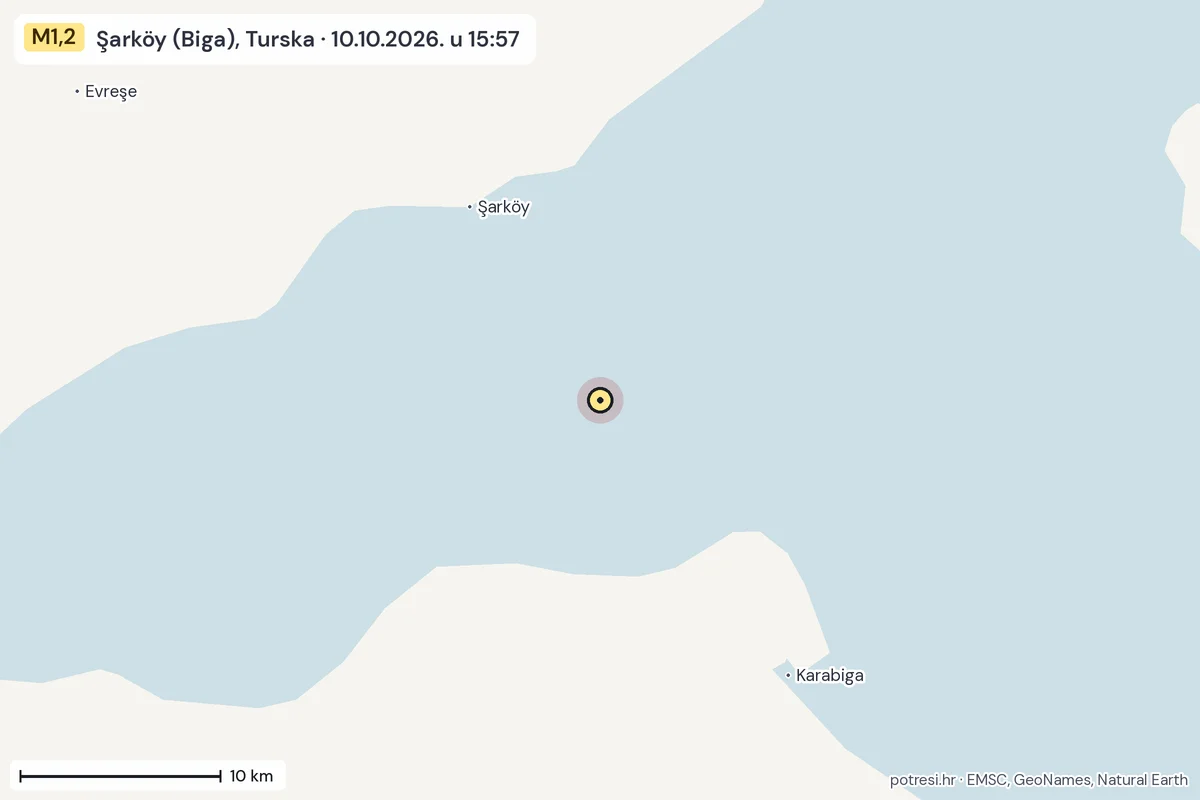 Karta: okolica epicentra, 60 km, potres M1,2, Şarköy (Biga), Turska, 10.10.2026.