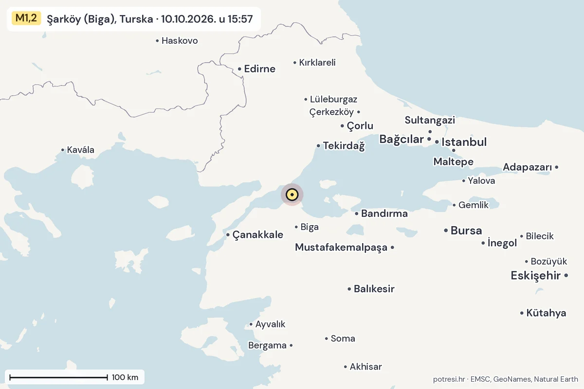 Karta: šire područje, 600 km, potres M1,2, Şarköy (Biga), Turska, 10.10.2026.