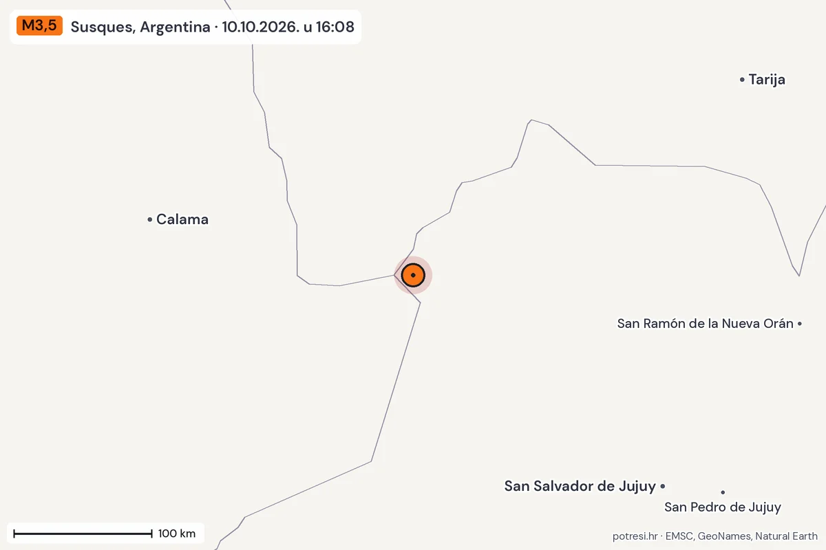 Karta: šire područje, 600 km, potres M3,5, Susques, Argentina, 10.10.2026.
