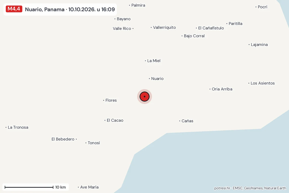 Karta: okolica epicentra, 60 km, potres M4,4, Nuario, Panama, 10.10.2026.