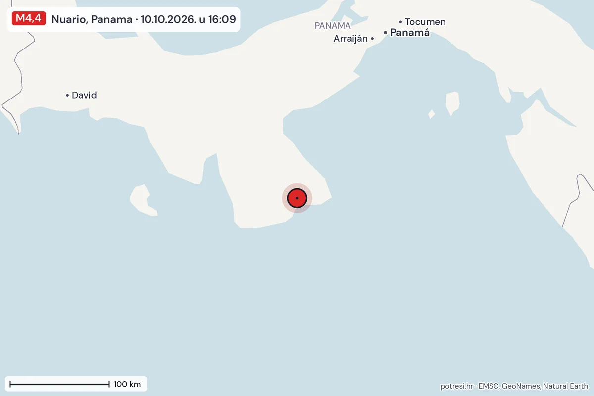 Karta: šire područje, 600 km, potres M4,4, Nuario, Panama, 10.10.2026.