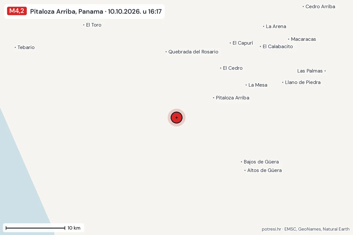 Karta: okolica epicentra, 60 km, potres M4,2, Pitaloza Arriba, Panama, 10.10.2026.