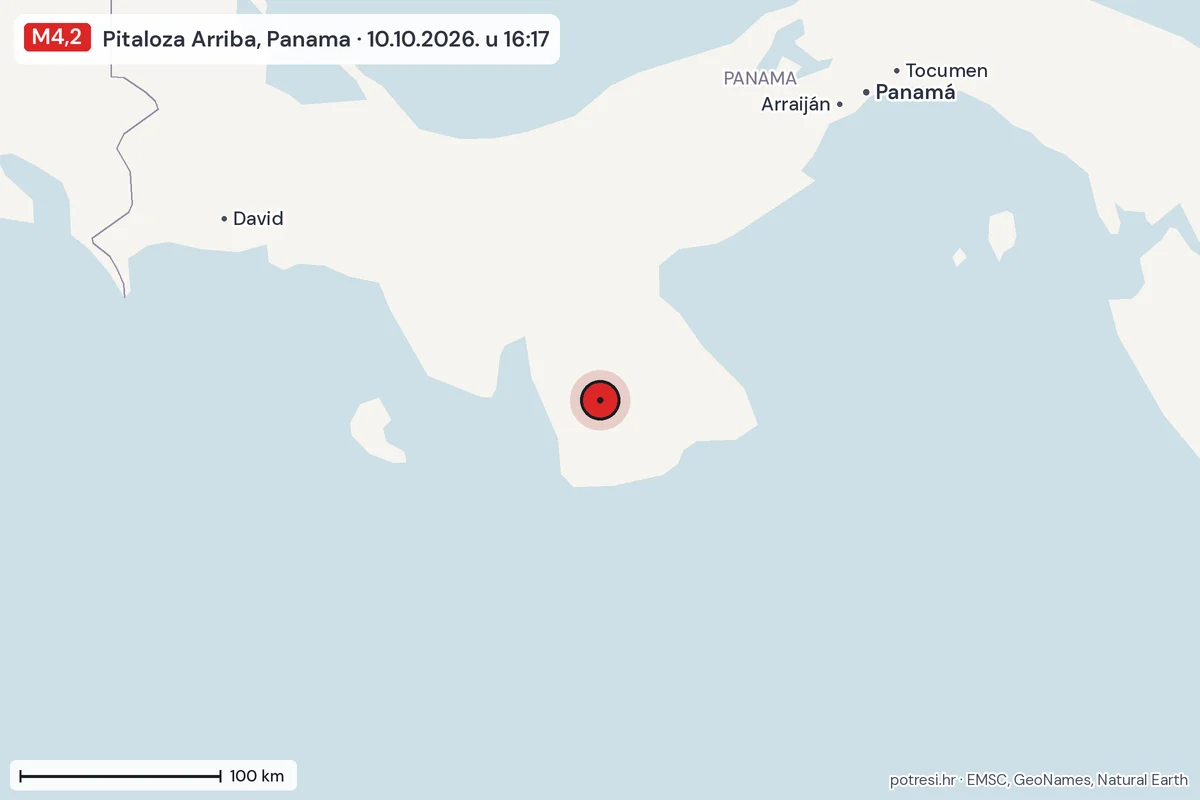 Karta: šire područje, 600 km, potres M4,2, Pitaloza Arriba, Panama, 10.10.2026.