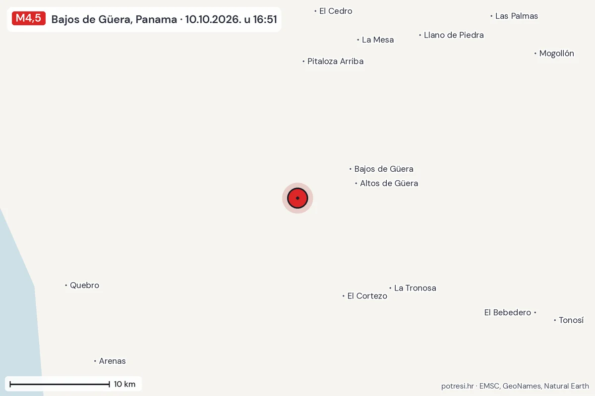 Karta: okolica epicentra, 60 km, potres M4,5, Bajos de Güera, Panama, 10.10.2026.