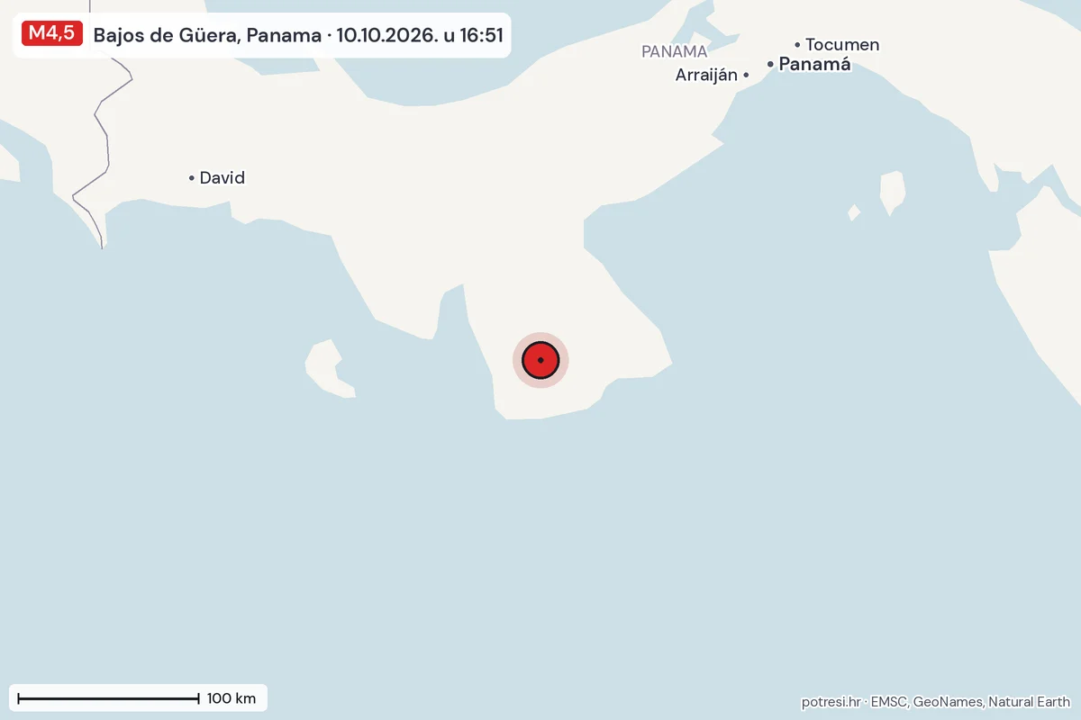 Karta: šire područje, 600 km, potres M4,5, Bajos de Güera, Panama, 10.10.2026.