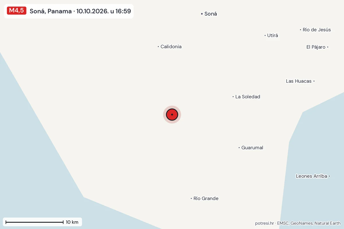 Karta: okolica epicentra, 60 km, potres M4,5, Soná, Panama, 10.10.2026.