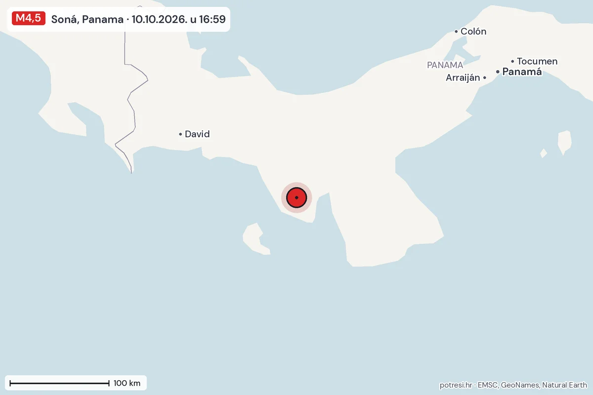 Karta: šire područje, 600 km, potres M4,5, Soná, Panama, 10.10.2026.