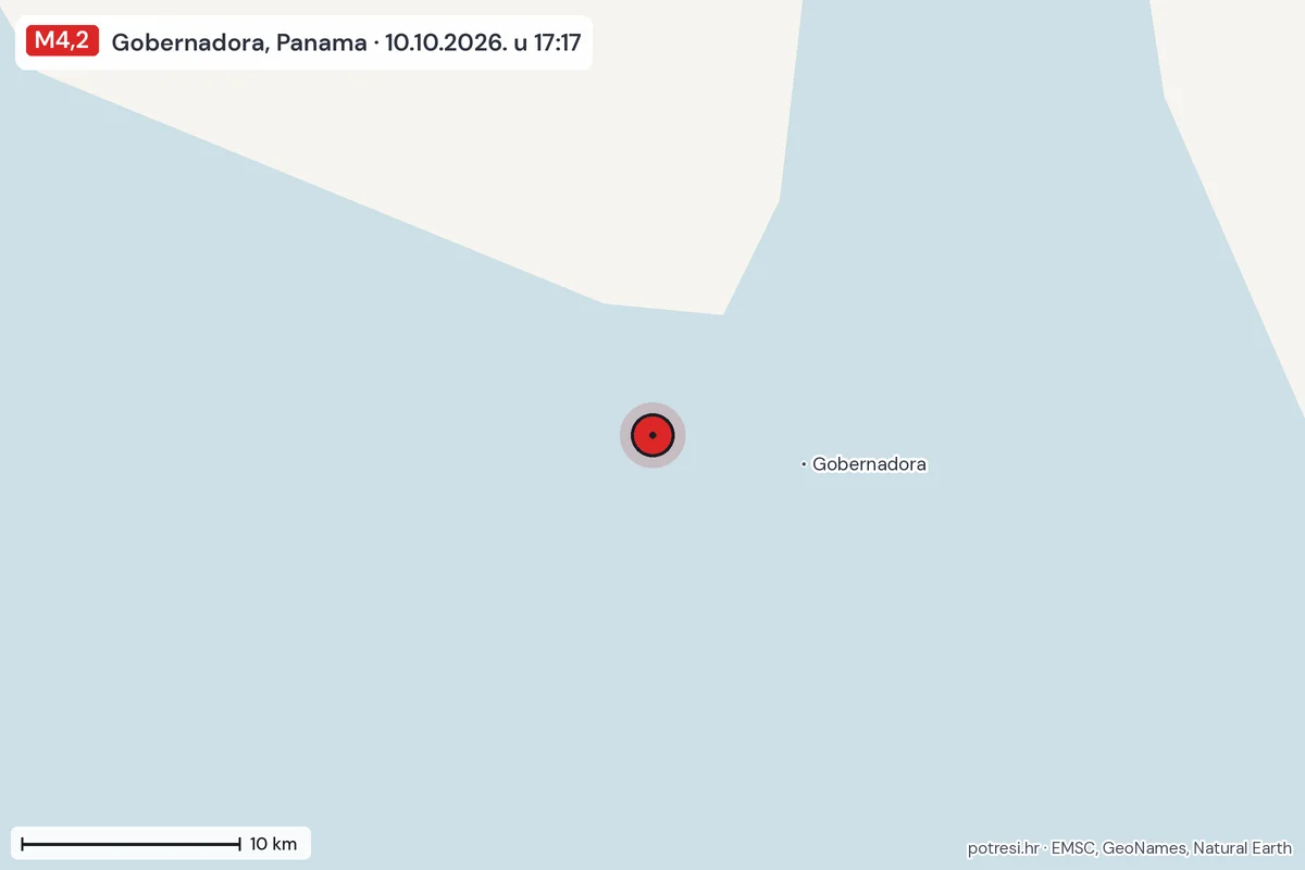 Karta: okolica epicentra, 60 km, potres M4,2, Gobernadora, Panama, 10.10.2026.