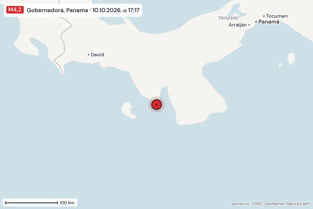 Karta: šire područje, 600 km, potres M4,2, Gobernadora, Panama, 10.10.2026.
