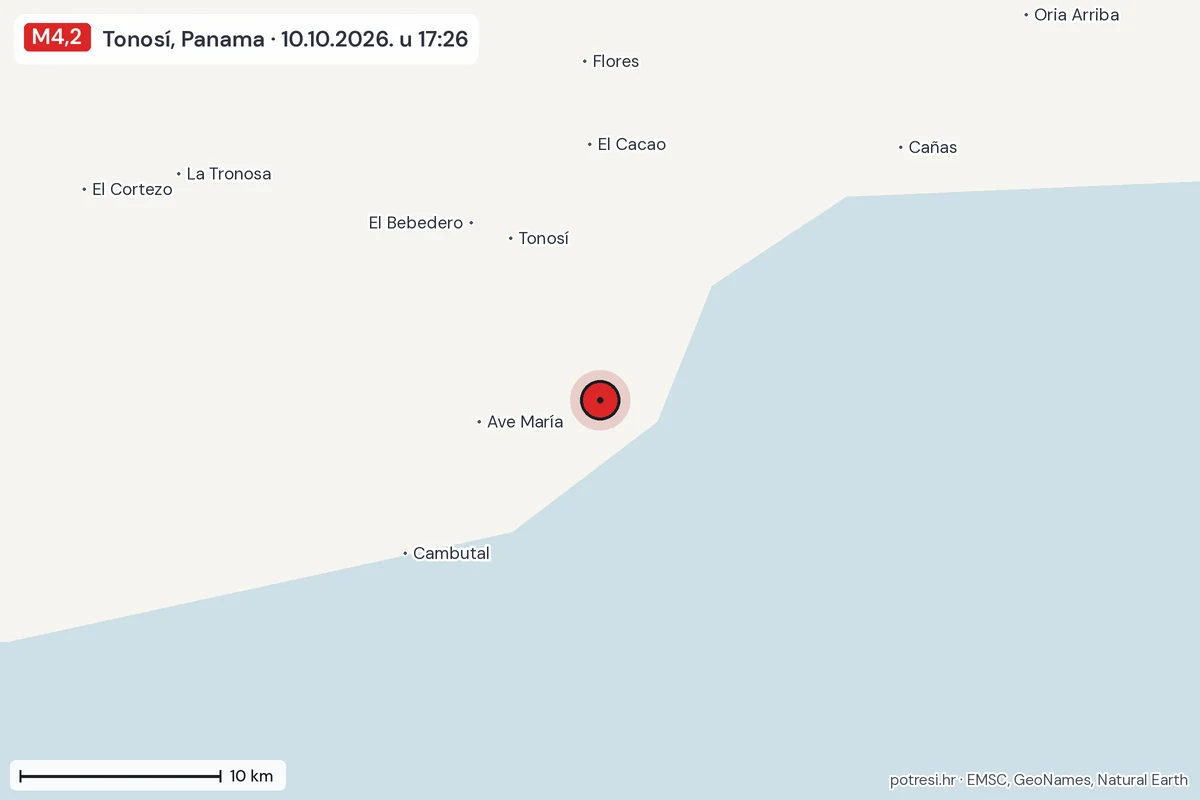 Karta: okolica epicentra, 60 km, potres M4,2, Tonosí, Panama, 10.10.2026.