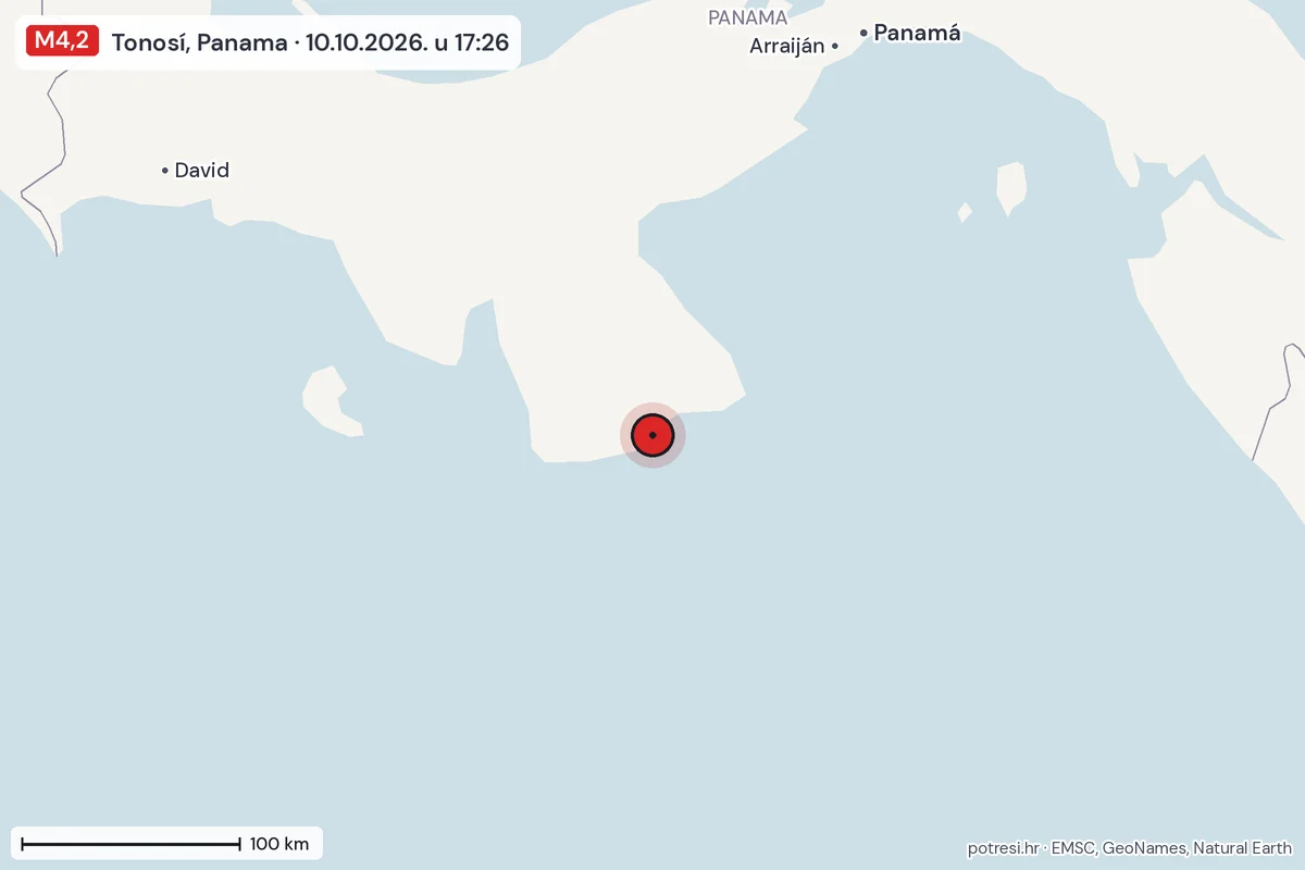 Karta: šire područje, 600 km, potres M4,2, Tonosí, Panama, 10.10.2026.