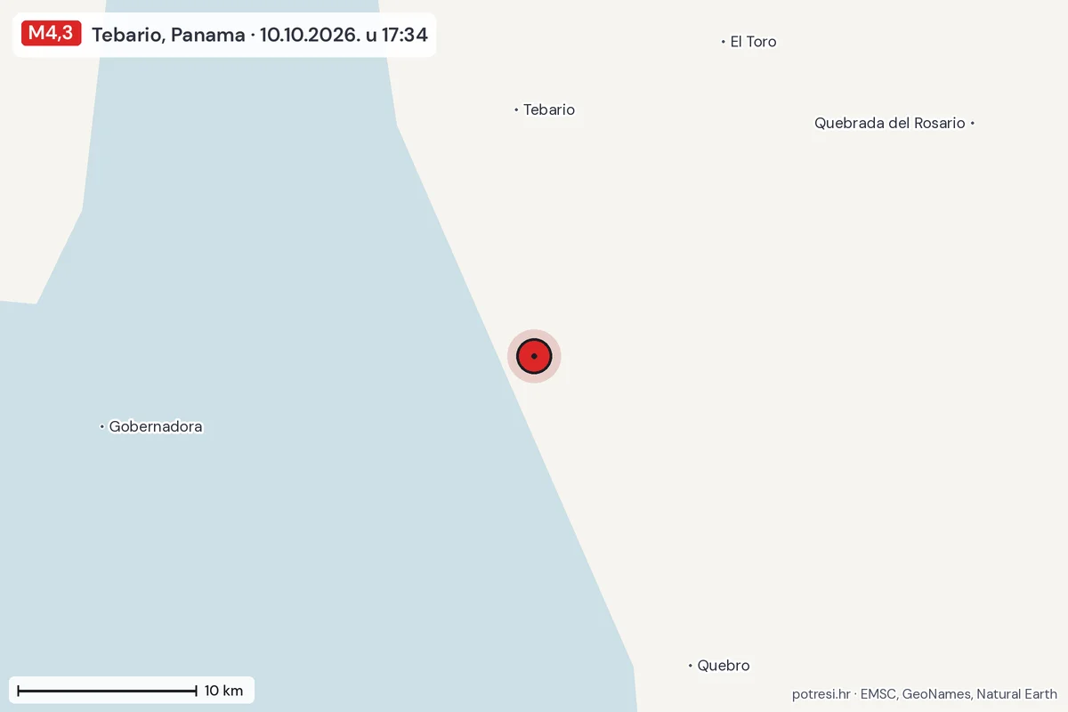 Karta: okolica epicentra, 60 km, potres M4,3, Tebario, Panama, 10.10.2026.