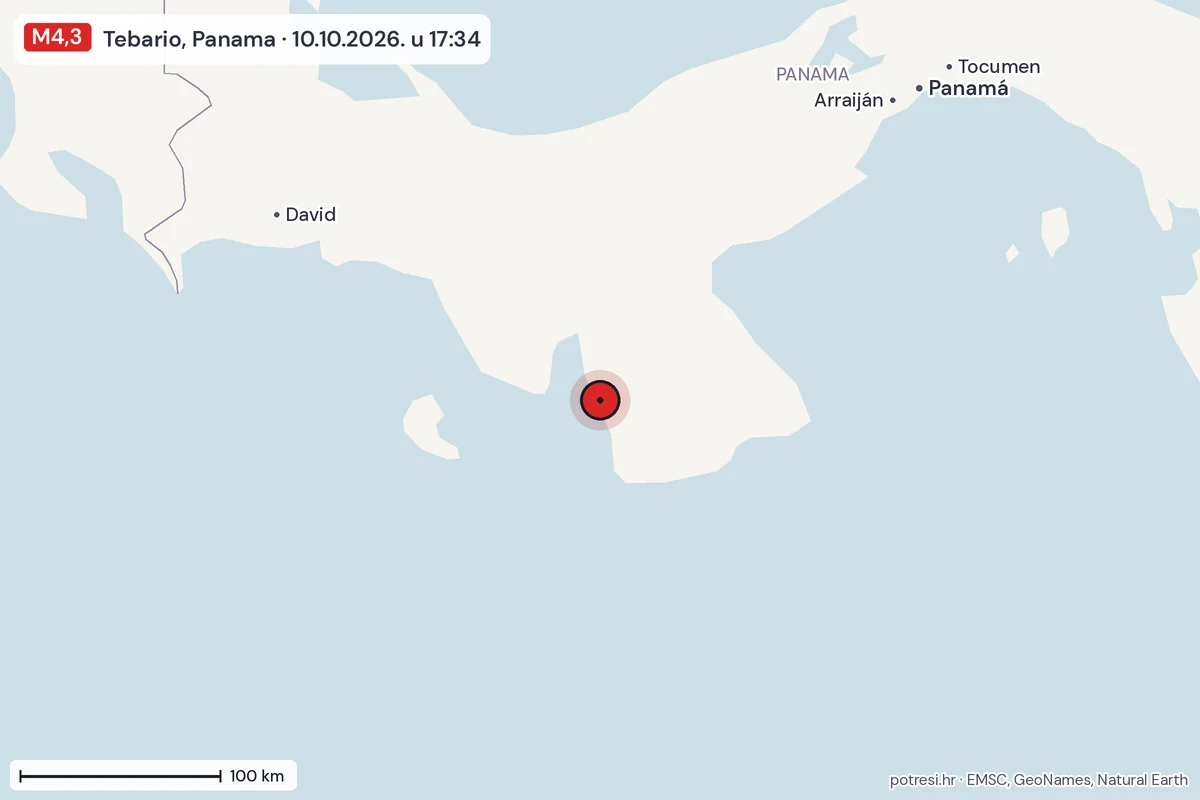 Karta: šire područje, 600 km, potres M4,3, Tebario, Panama, 10.10.2026.
