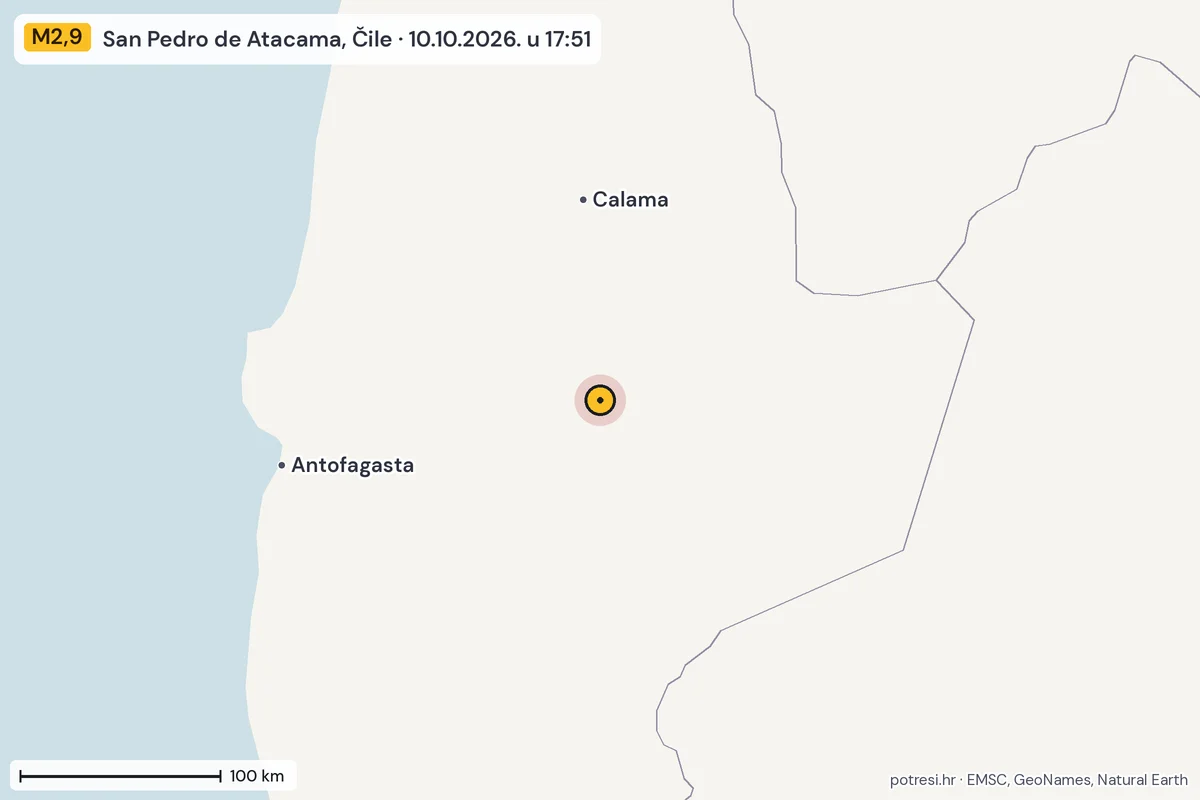 Karta: šire područje, 600 km, potres M2,9, San Pedro de Atacama, Čile, 10.10.2026.