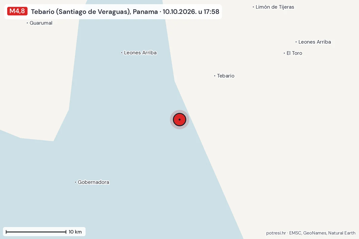 Karta: okolica epicentra, 60 km, potres M4,8, Tebario (Santiago de Veraguas), Panama, 10.10.2026.
