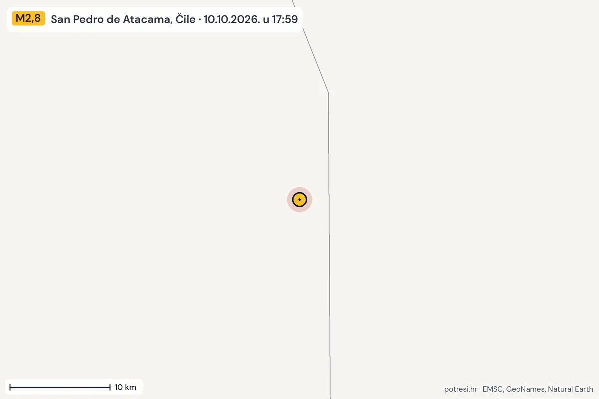 Karta: okolica epicentra, 60 km, potres M2,8, San Pedro de Atacama, Čile, 10.10.2026.