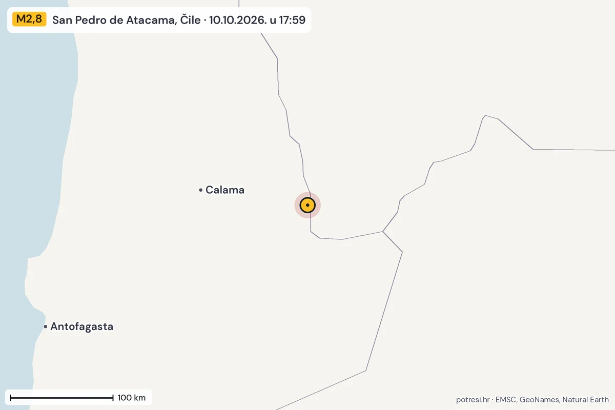 Karta: šire područje, 600 km, potres M2,8, San Pedro de Atacama, Čile, 10.10.2026.