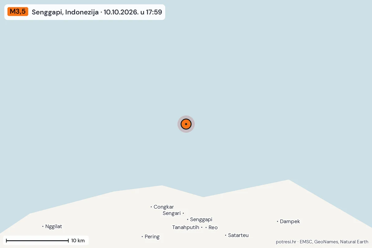 Karta: okolica epicentra, 60 km, potres M3,5, Senggapi, Indonezija, 10.10.2026.
