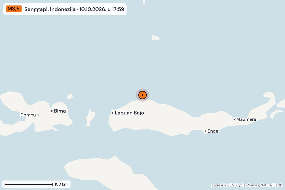 Karta: šire područje, 600 km, potres M3,5, Senggapi, Indonezija, 10.10.2026.