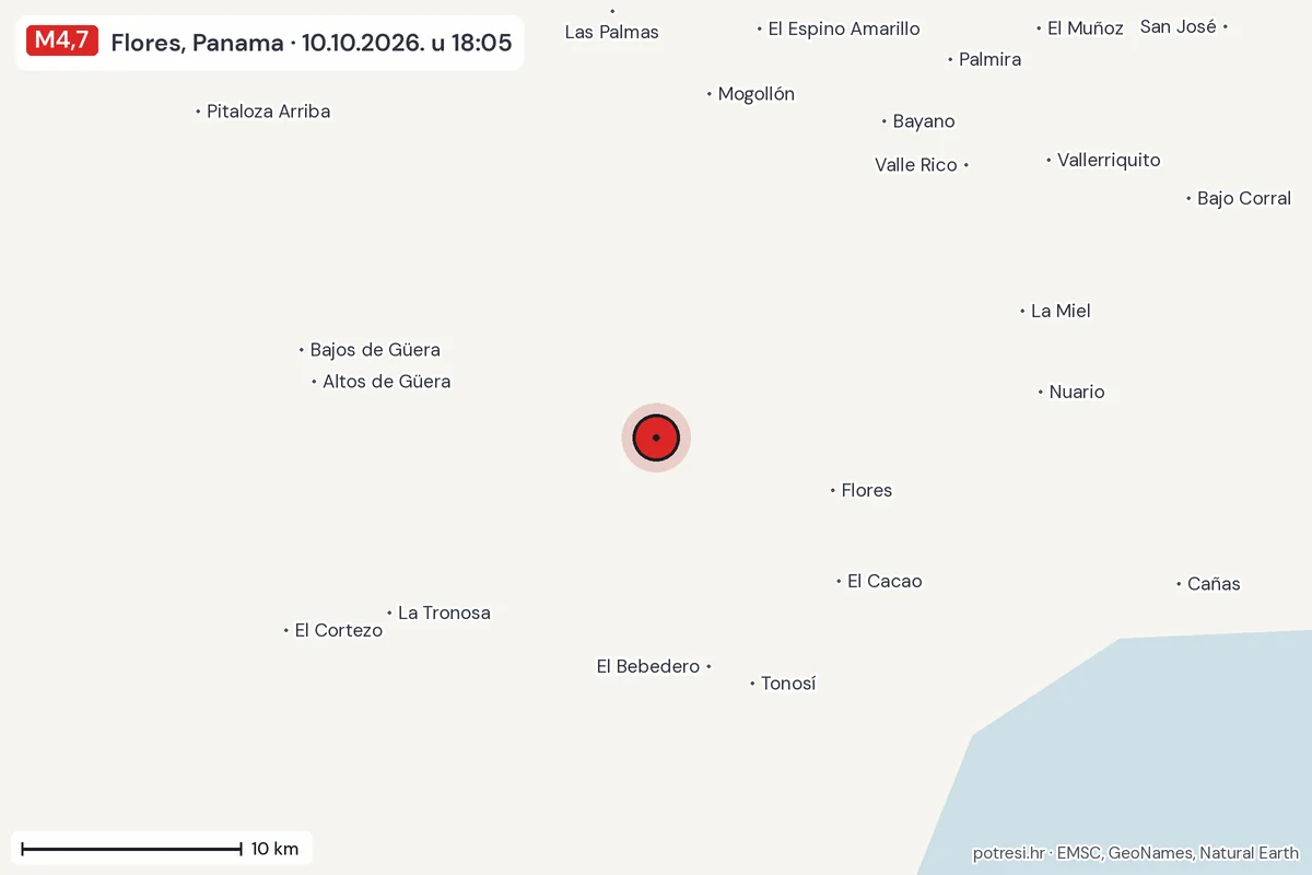 Karta: okolica epicentra, 60 km, potres M4,7, Flores, Panama, 10.10.2026.