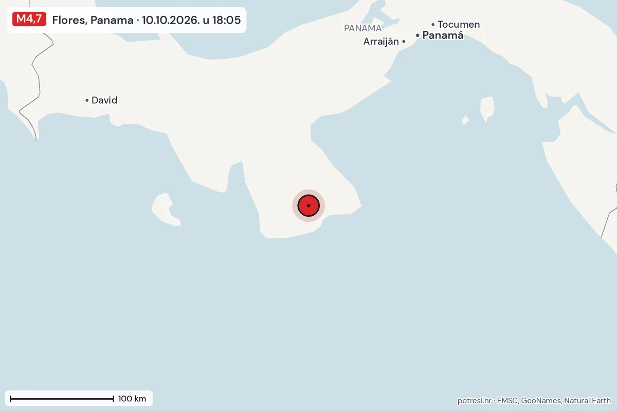 Karta: šire područje, 600 km, potres M4,7, Flores, Panama, 10.10.2026.