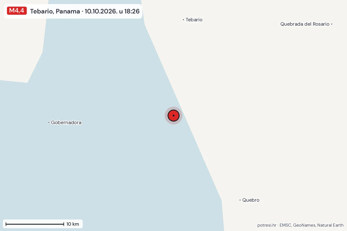 Karta: okolica epicentra, 60 km, potres M4,4, Tebario, Panama, 10.10.2026.
