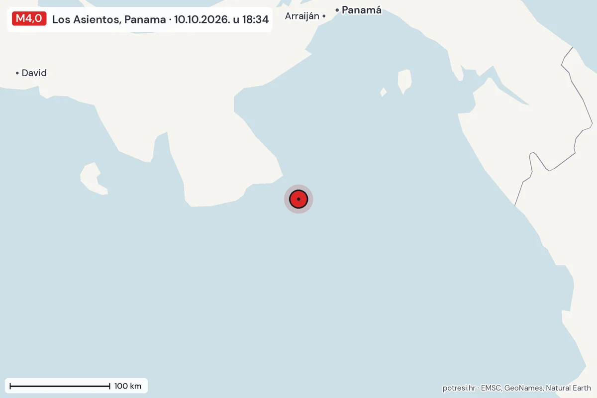 Karta: šire područje, 600 km, potres M4,0, Los Asientos, Panama, 10.10.2026.