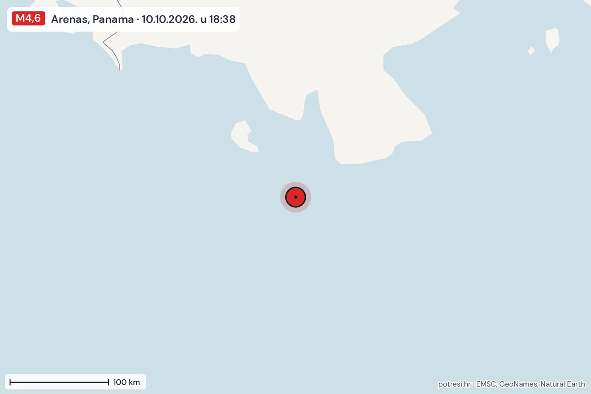 Karta: šire područje, 600 km, potres M4,6, Arenas, Panama, 10.10.2026.