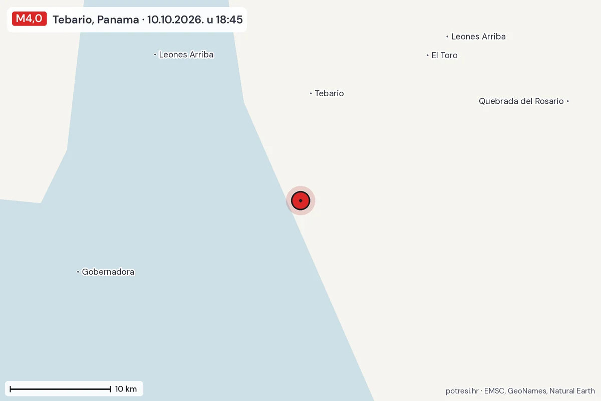 Karta: okolica epicentra, 60 km, potres M4,0, Tebario, Panama, 10.10.2026.
