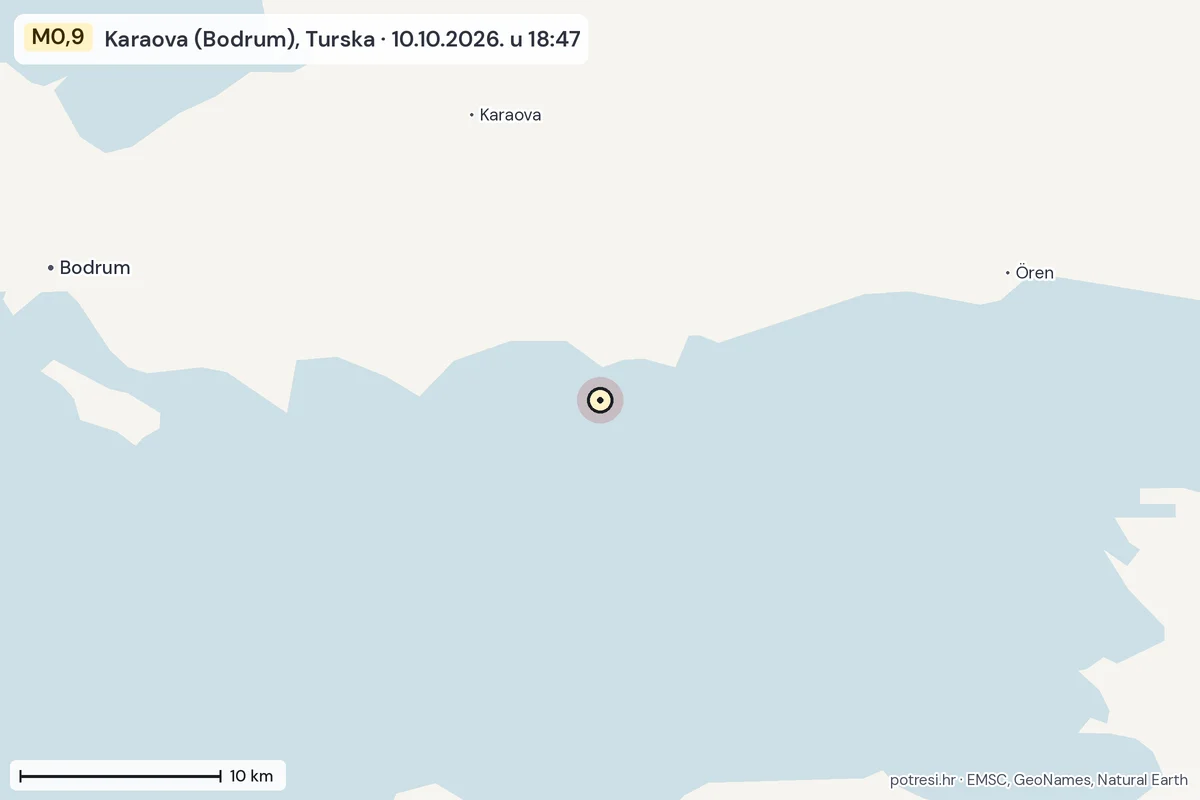 Karta: okolica epicentra, 60 km, potres M0,9, Karaova (Bodrum), Turska, 10.10.2026.