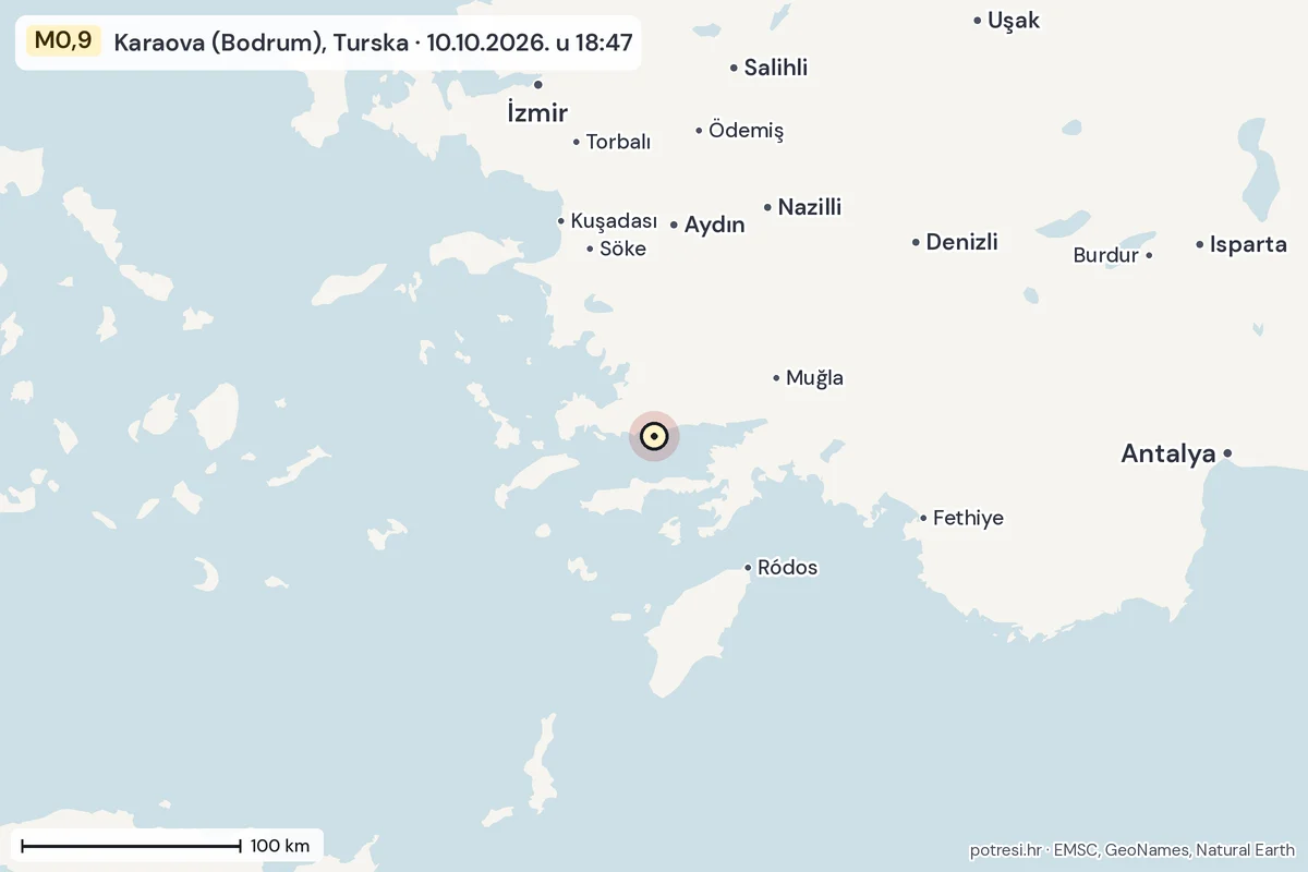 Karta: šire područje, 600 km, potres M0,9, Karaova (Bodrum), Turska, 10.10.2026.
