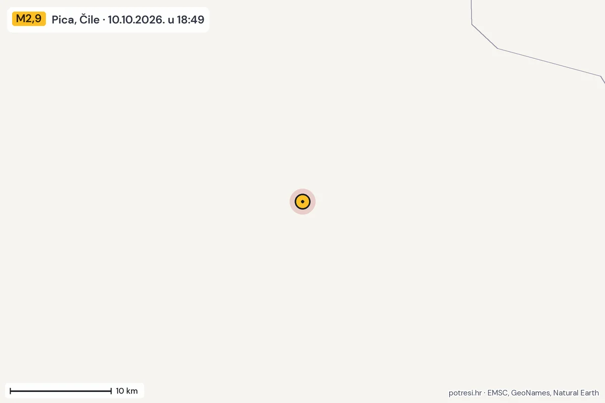 Karta: okolica epicentra, 60 km, potres M2,9, Pica, Čile, 10.10.2026.