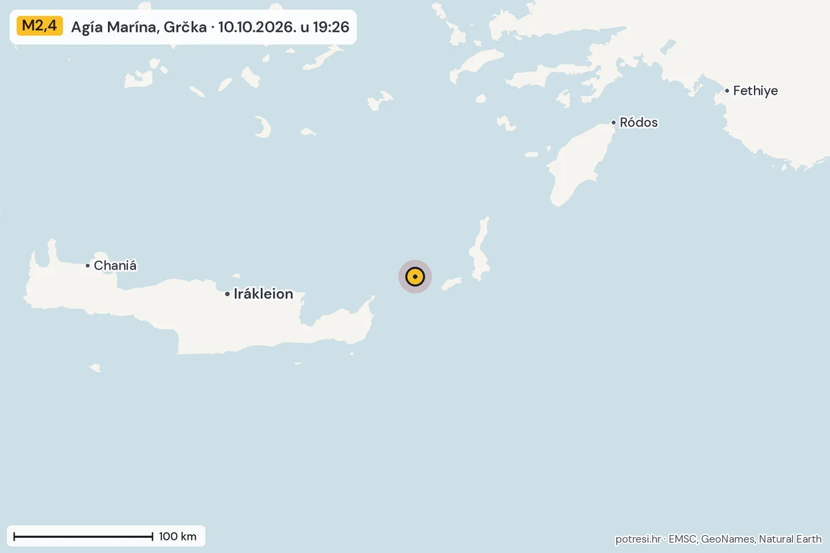 Karta: šire područje, 600 km, potres M2,4, Agía Marína, Grčka, 10.10.2026.