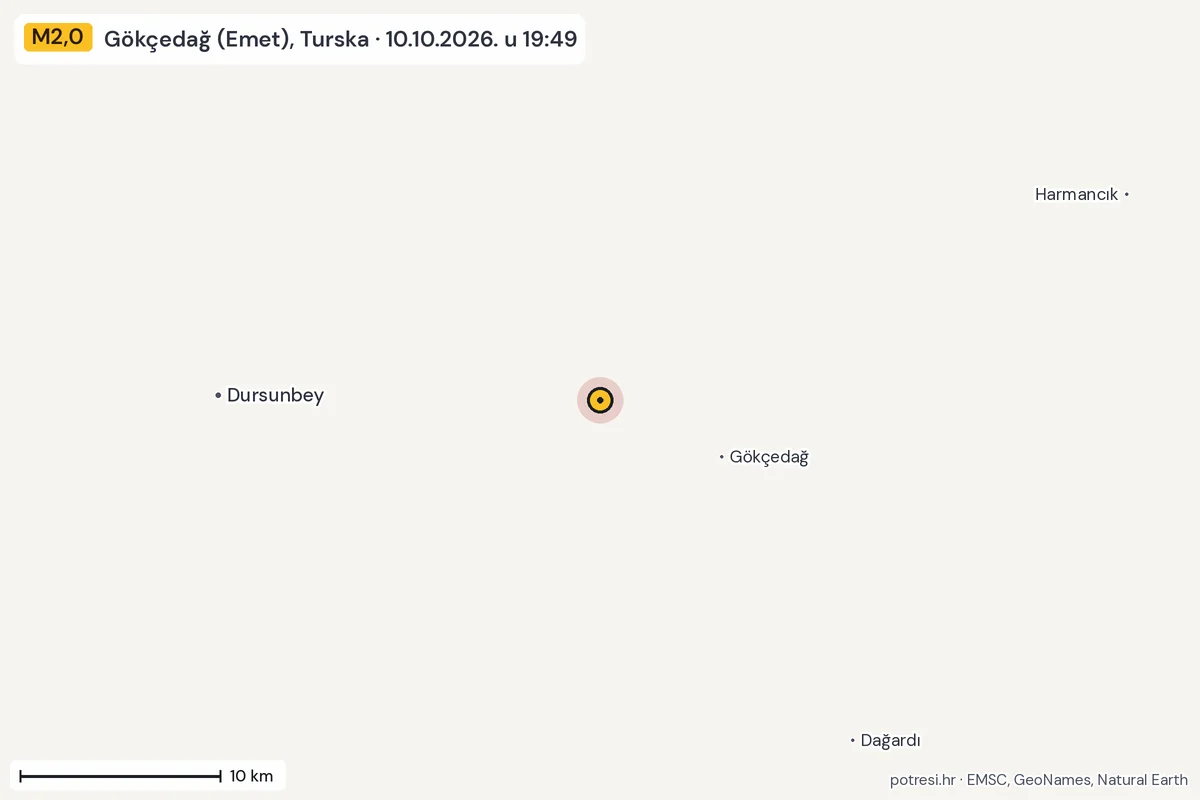 Karta: okolica epicentra, 60 km, potres M2,0, Gökçedağ (Emet), Turska, 10.10.2026.
