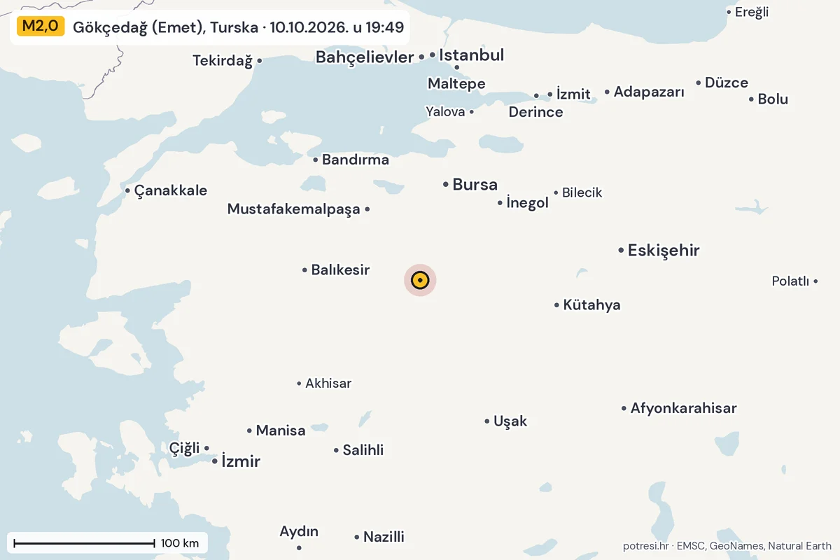 Karta: šire područje, 600 km, potres M2,0, Gökçedağ (Emet), Turska, 10.10.2026.
