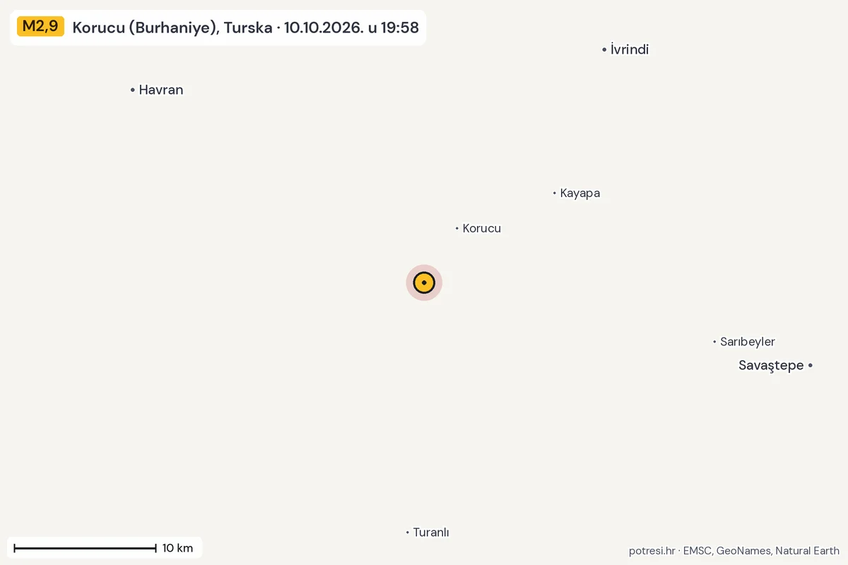 Karta: okolica epicentra, 60 km, potres M2,9, Korucu (Burhaniye), Turska, 10.10.2026.