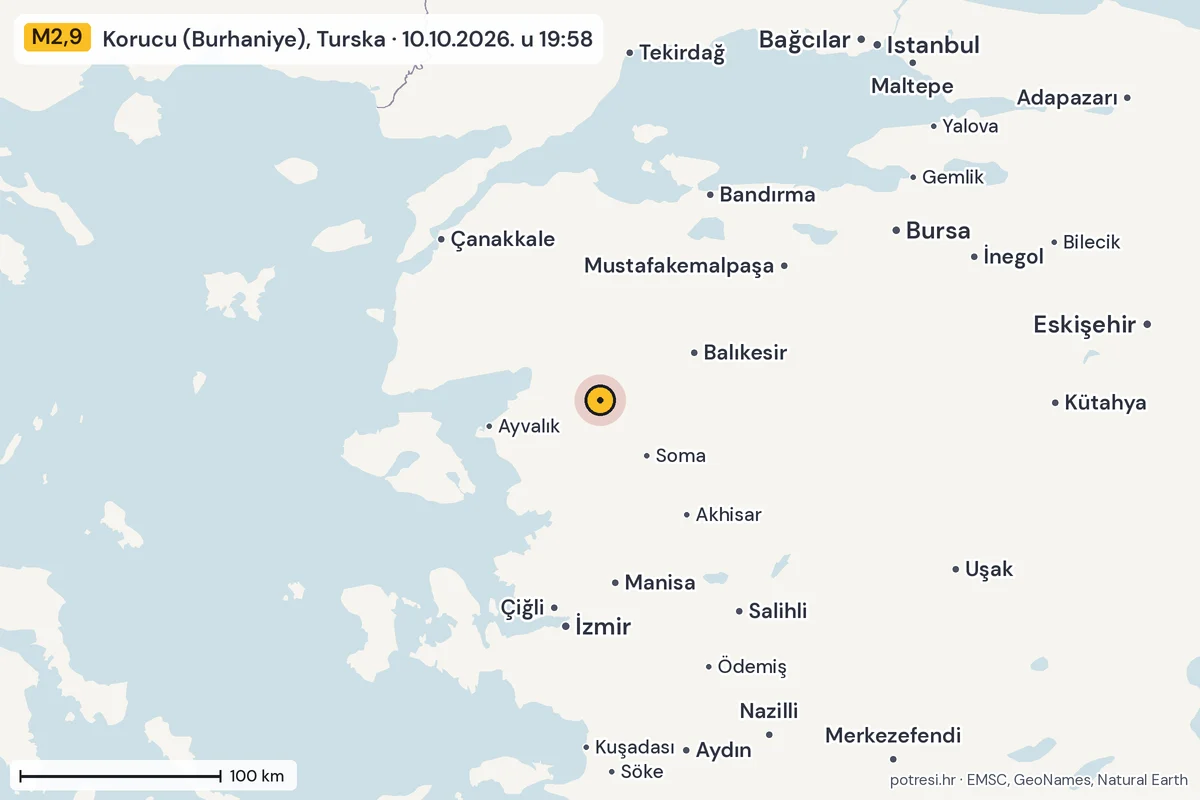 Karta: šire područje, 600 km, potres M2,9, Korucu (Burhaniye), Turska, 10.10.2026.