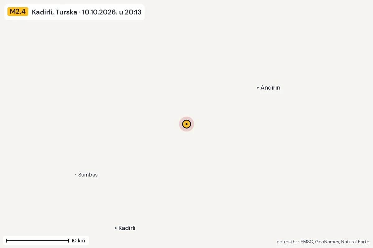 Karta: okolica epicentra, 60 km, potres M2,4, Kadirli, Turska, 10.10.2026.