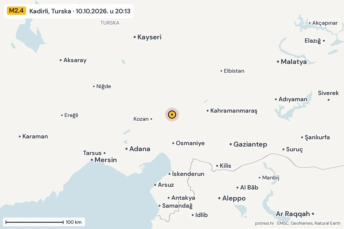 Karta: šire područje, 600 km, potres M2,4, Kadirli, Turska, 10.10.2026.