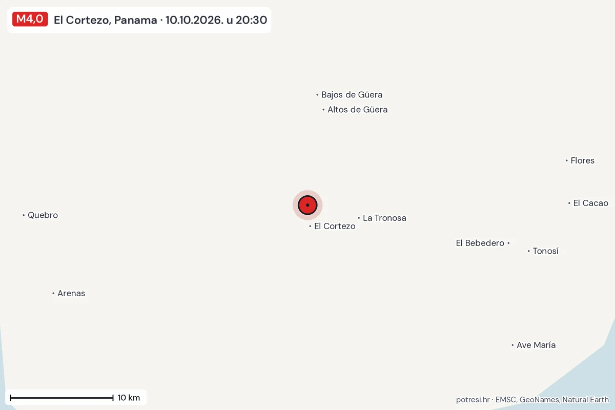 Karta: okolica epicentra, 60 km, potres M4,0, El Cortezo, Panama, 10.10.2026.