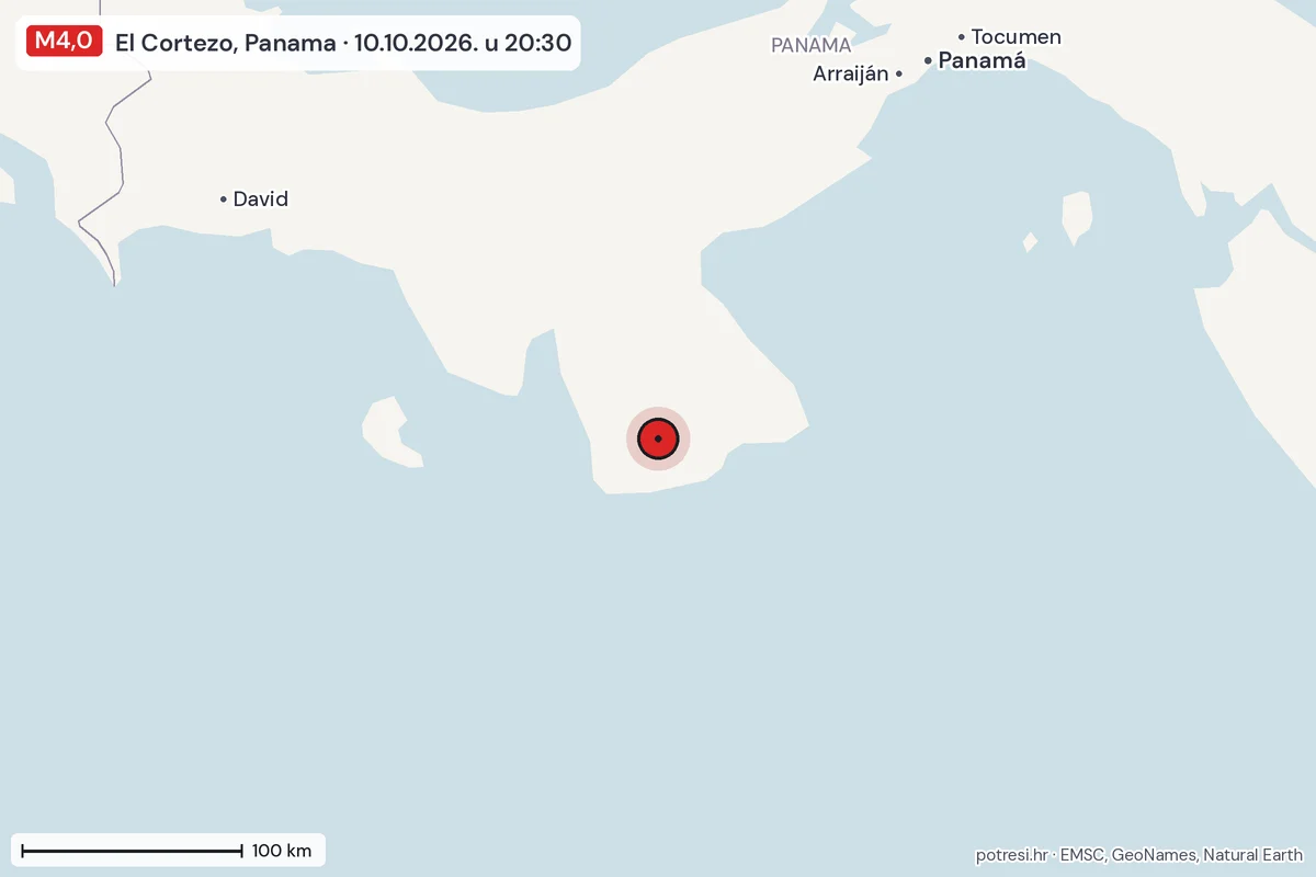 Karta: šire područje, 600 km, potres M4,0, El Cortezo, Panama, 10.10.2026.