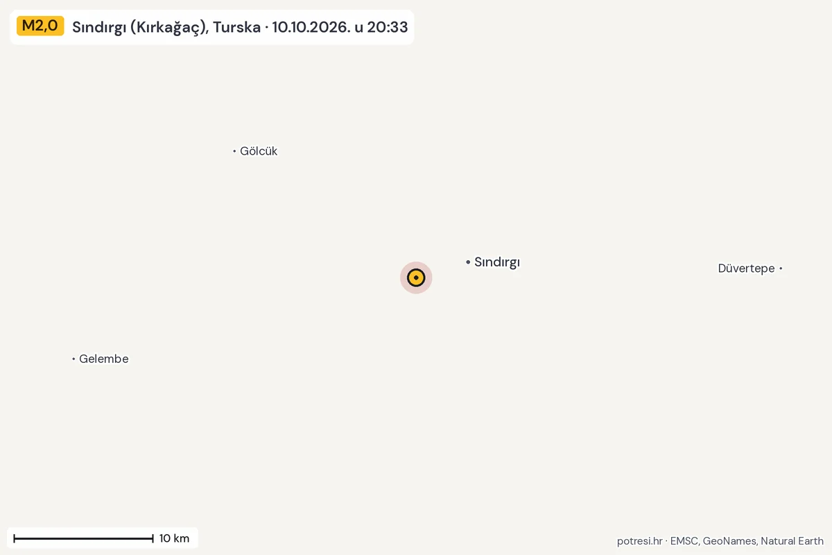 Karta: okolica epicentra, 60 km, potres M2,0, Sındırgı (Kırkağaç), Turska, 10.10.2026.