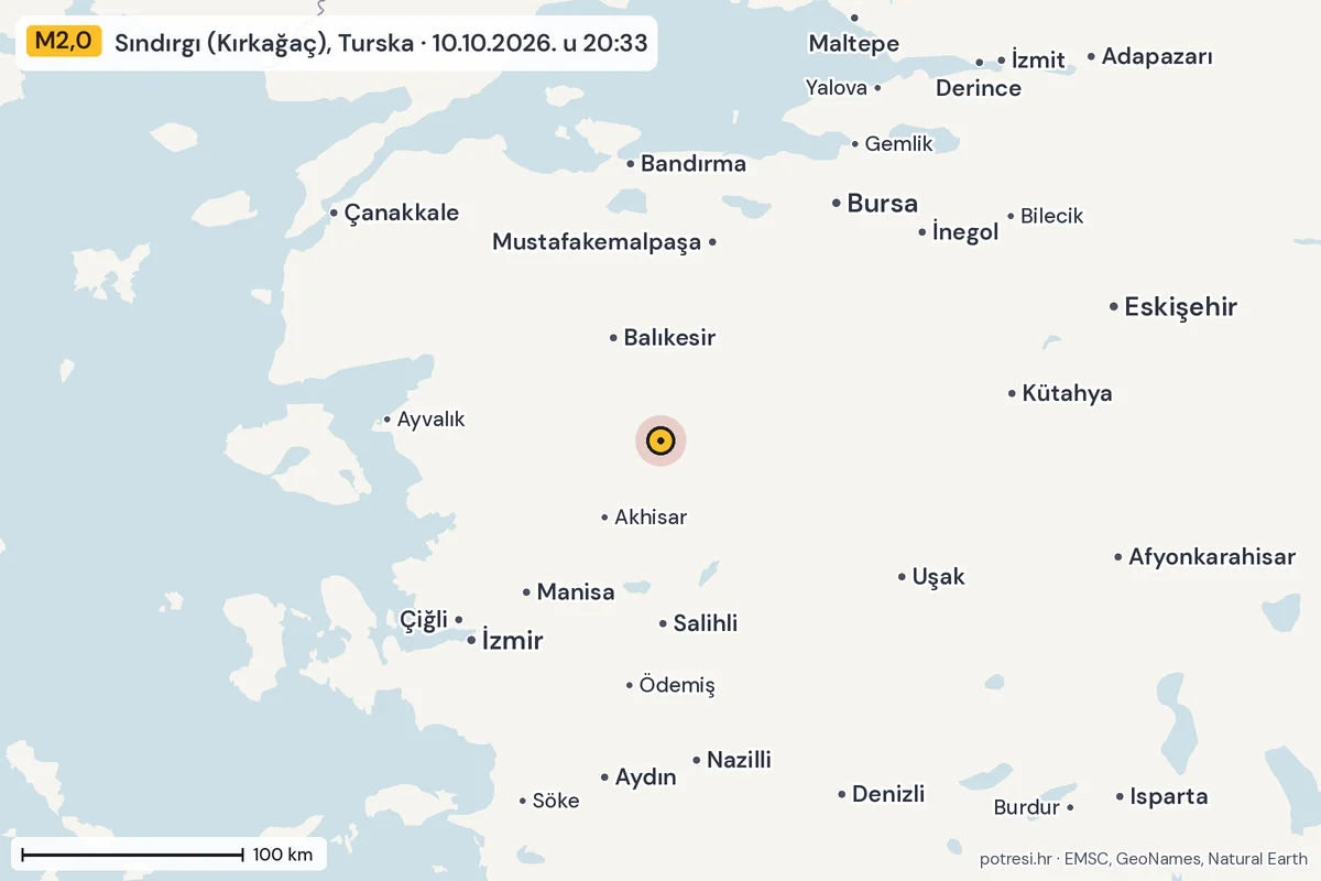 Karta: šire područje, 600 km, potres M2,0, Sındırgı (Kırkağaç), Turska, 10.10.2026.