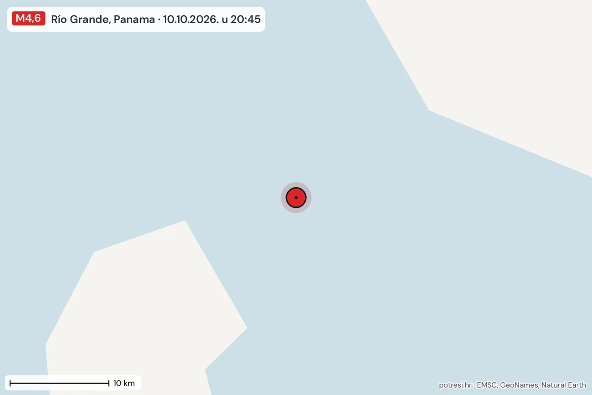 Karta: okolica epicentra, 60 km, potres M4,6, Río Grande, Panama, 10.10.2026.