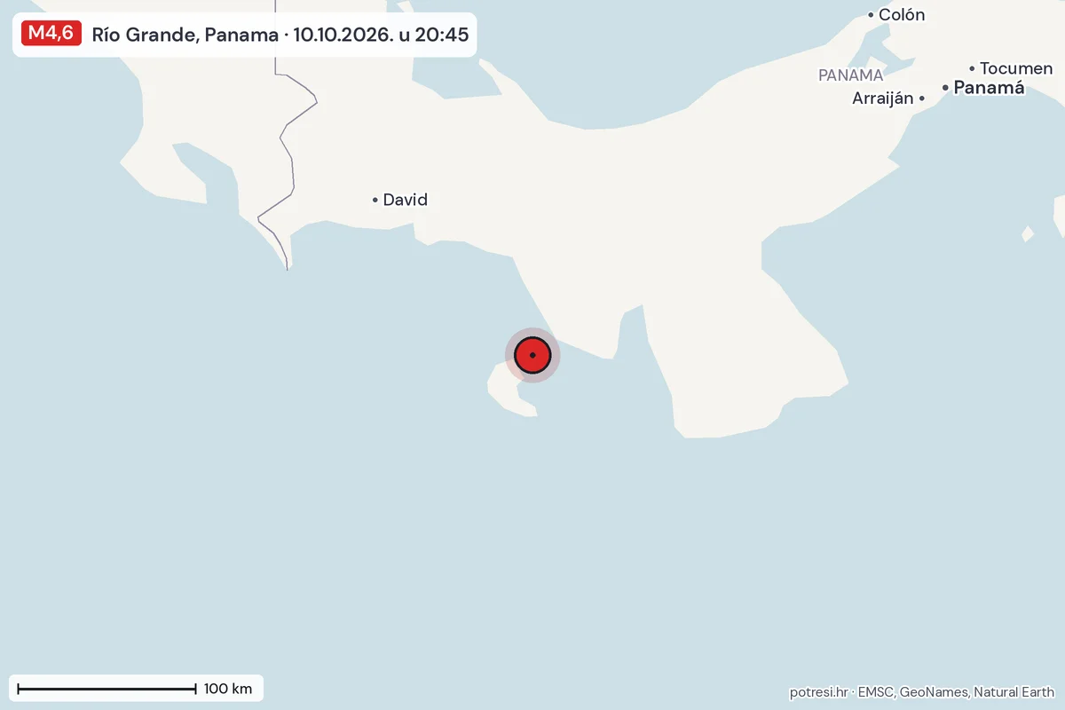 Karta: šire područje, 600 km, potres M4,6, Río Grande, Panama, 10.10.2026.