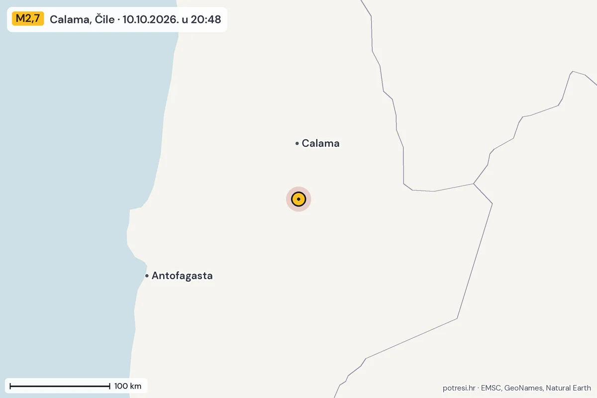 Karta: šire područje, 600 km, potres M2,7, Calama, Čile, 10.10.2026.