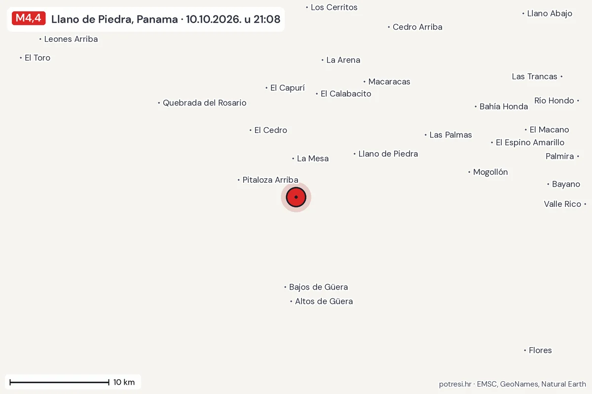 Karta: okolica epicentra, 60 km, potres M4,4, Llano de Piedra, Panama, 10.10.2026.