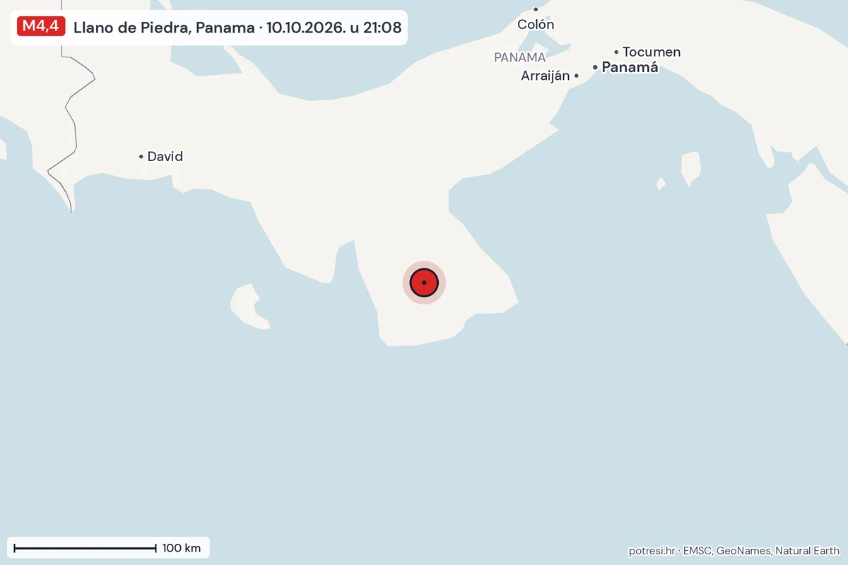 Karta: šire područje, 600 km, potres M4,4, Llano de Piedra, Panama, 10.10.2026.